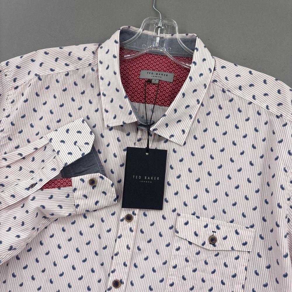 Ted Baker Shirt Mens 3XL White Blue Paisley Stripe Button Up Long Sleeve Cotton